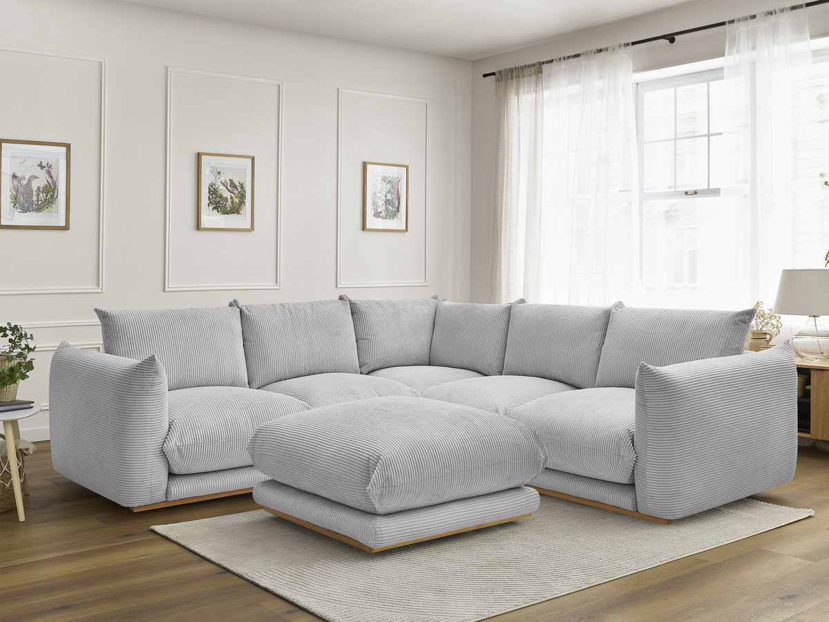 Canapé d'angle ERNEST velours côtelé avec pouf gris clair