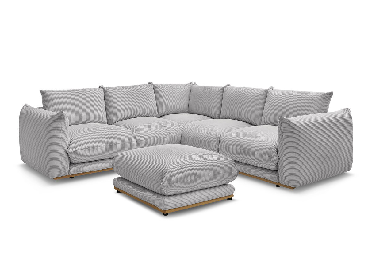 canapé d'angle fixe ernest tissu velours côtelé avec pouf de couleur gris clair
