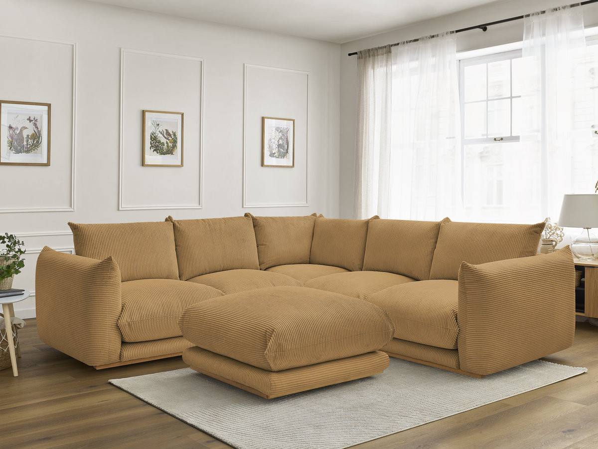 Canapé d'angle ERNEST velours côtelé avec pouf jaune