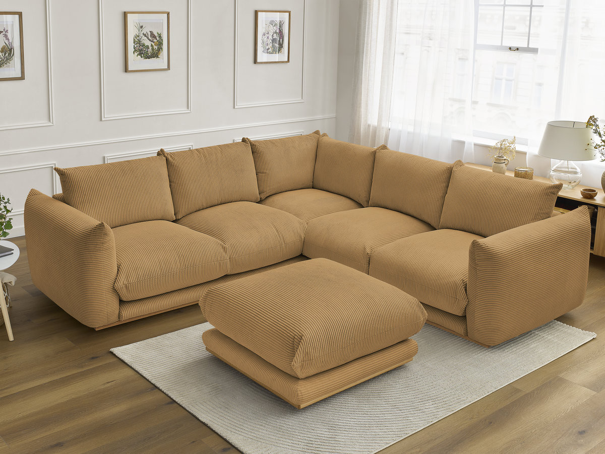 Canapé d'angle fixe ERNEST tissu velours côtelé avec pouf