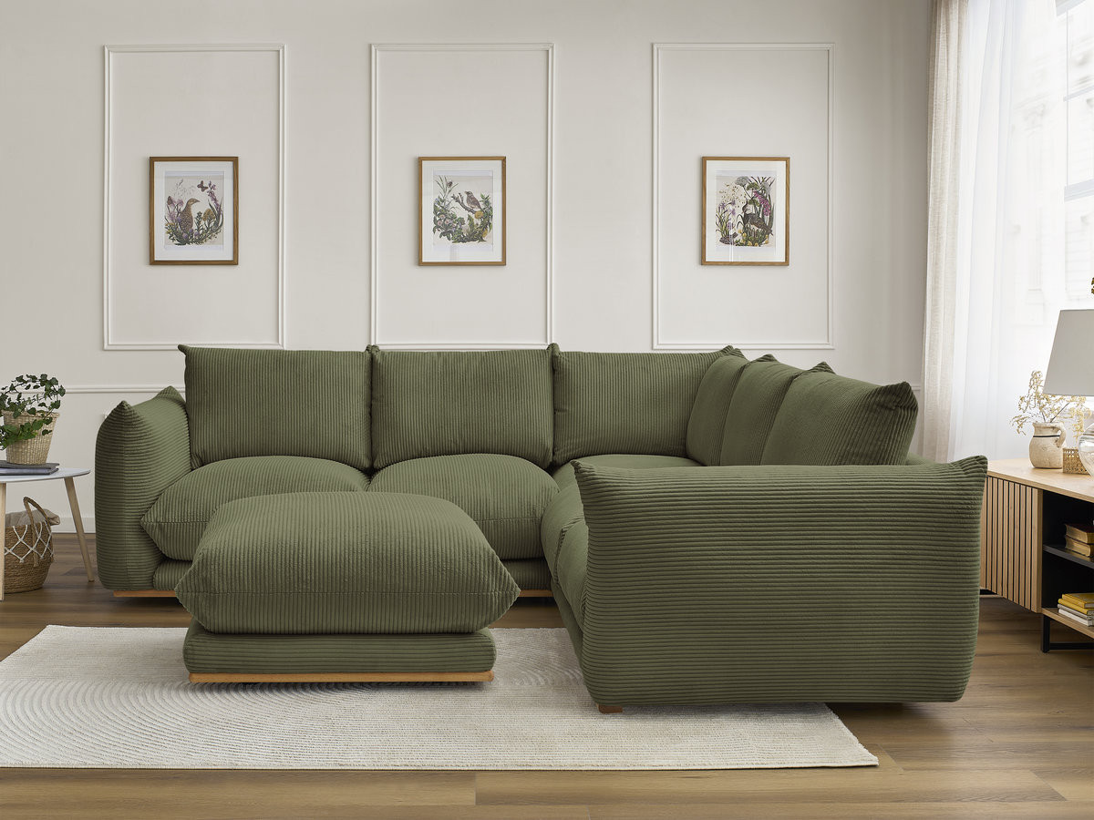 Canapé d'angle ERNEST velours côtelé avec pouf vert — vue 6