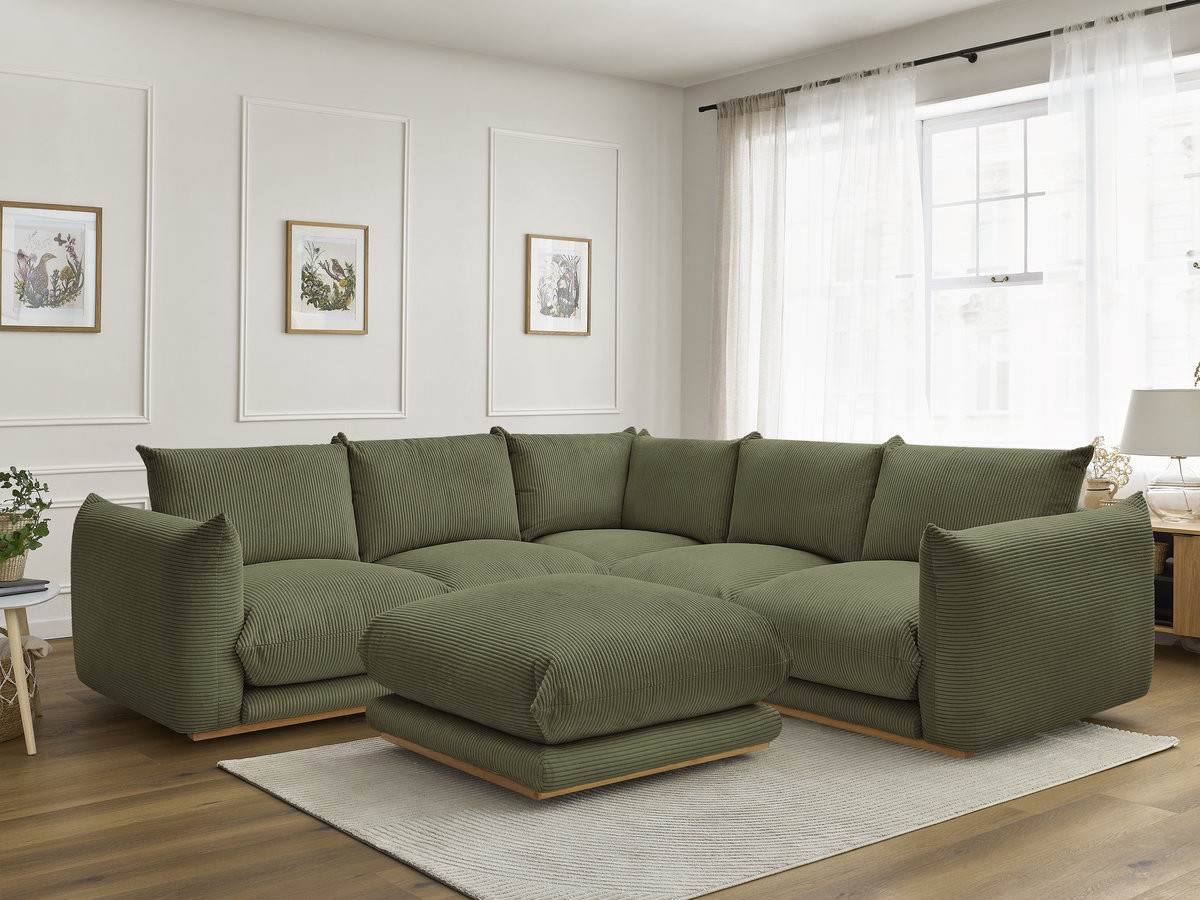 Canapé d'angle ERNEST velours côtelé avec pouf vert