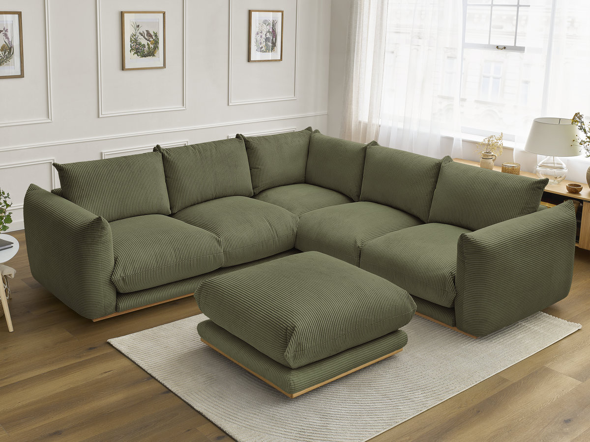 Canapé d'angle fixe ERNEST tissu velours côtelé avec pouf