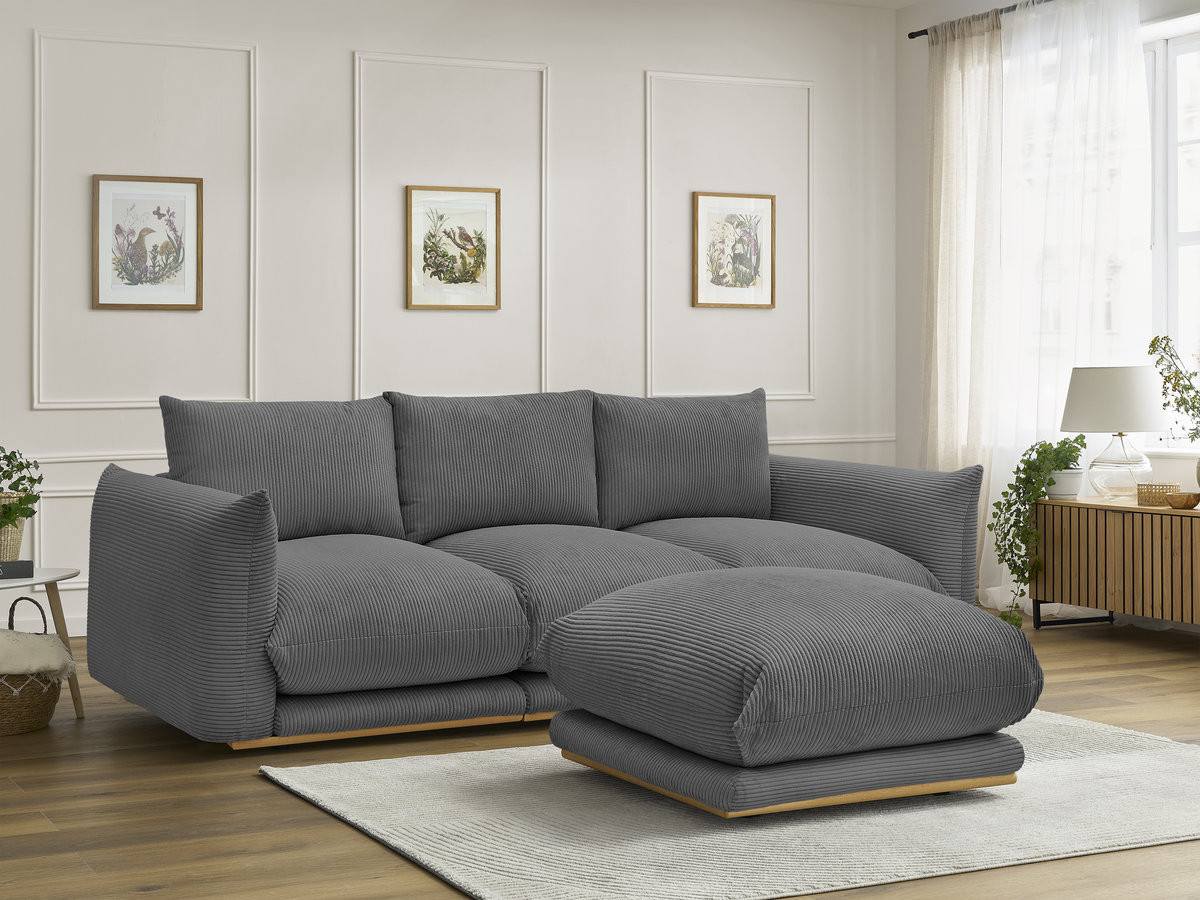 Canapé droit 3 places ERNEST velours côtelé avec pouf gris foncé