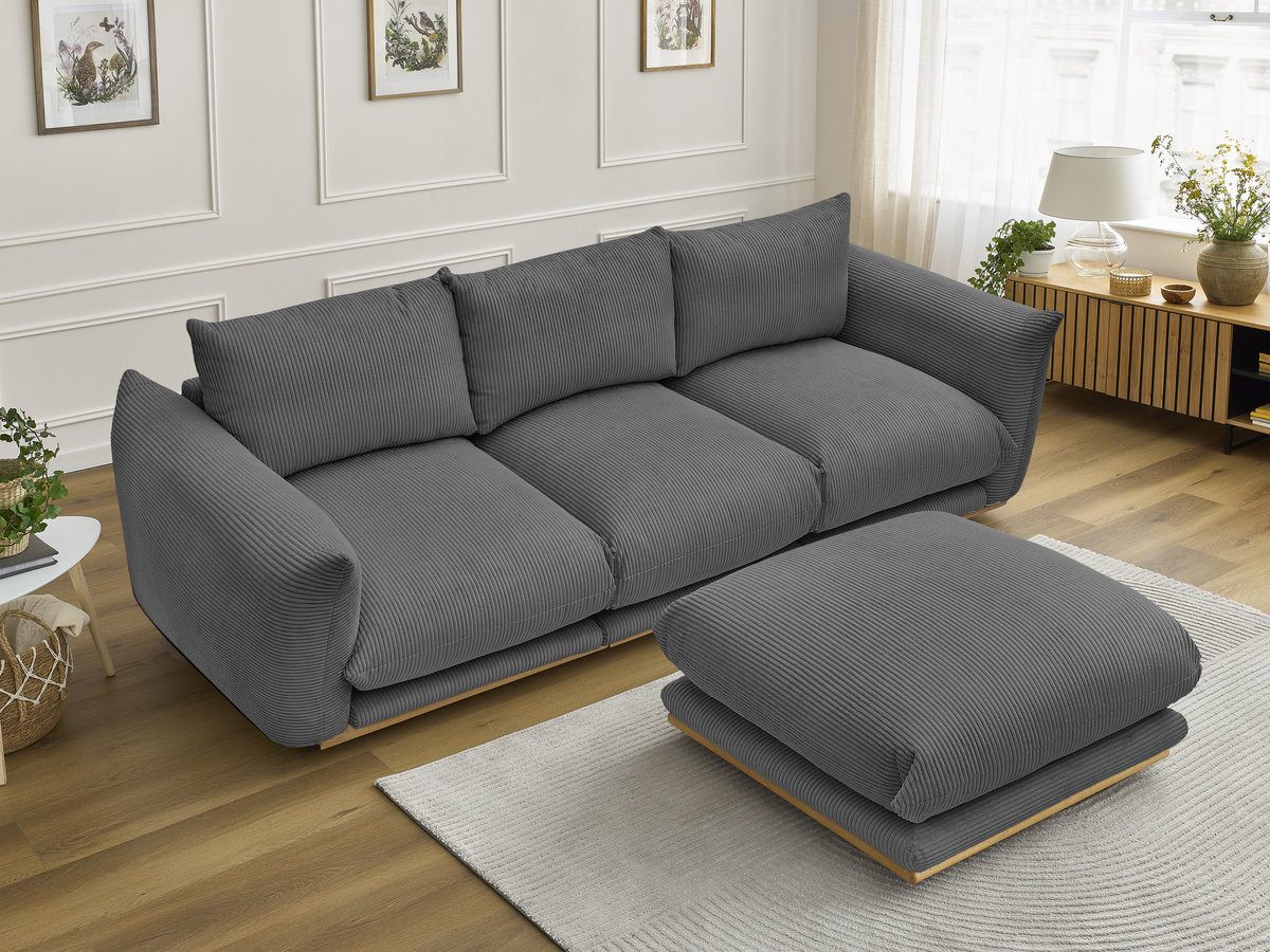 Canapé droit 3 places ERNEST velours côtelé avec pouf gris foncé — vue 6