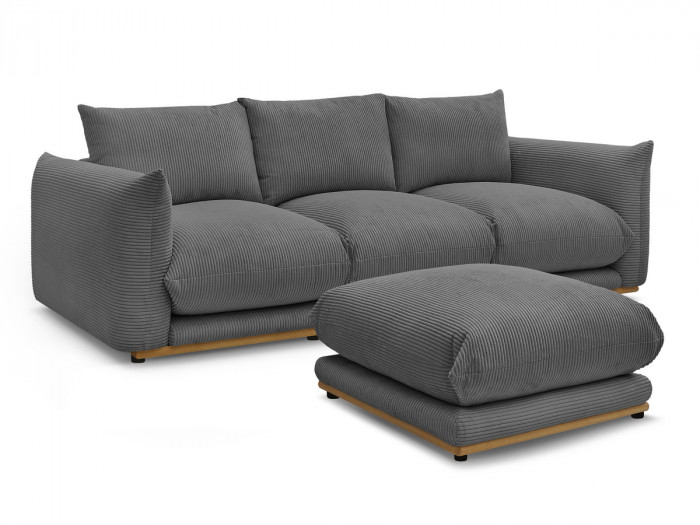 Canapé droit fixe 3 places ERNEST tissu velours côtelé avec pouf