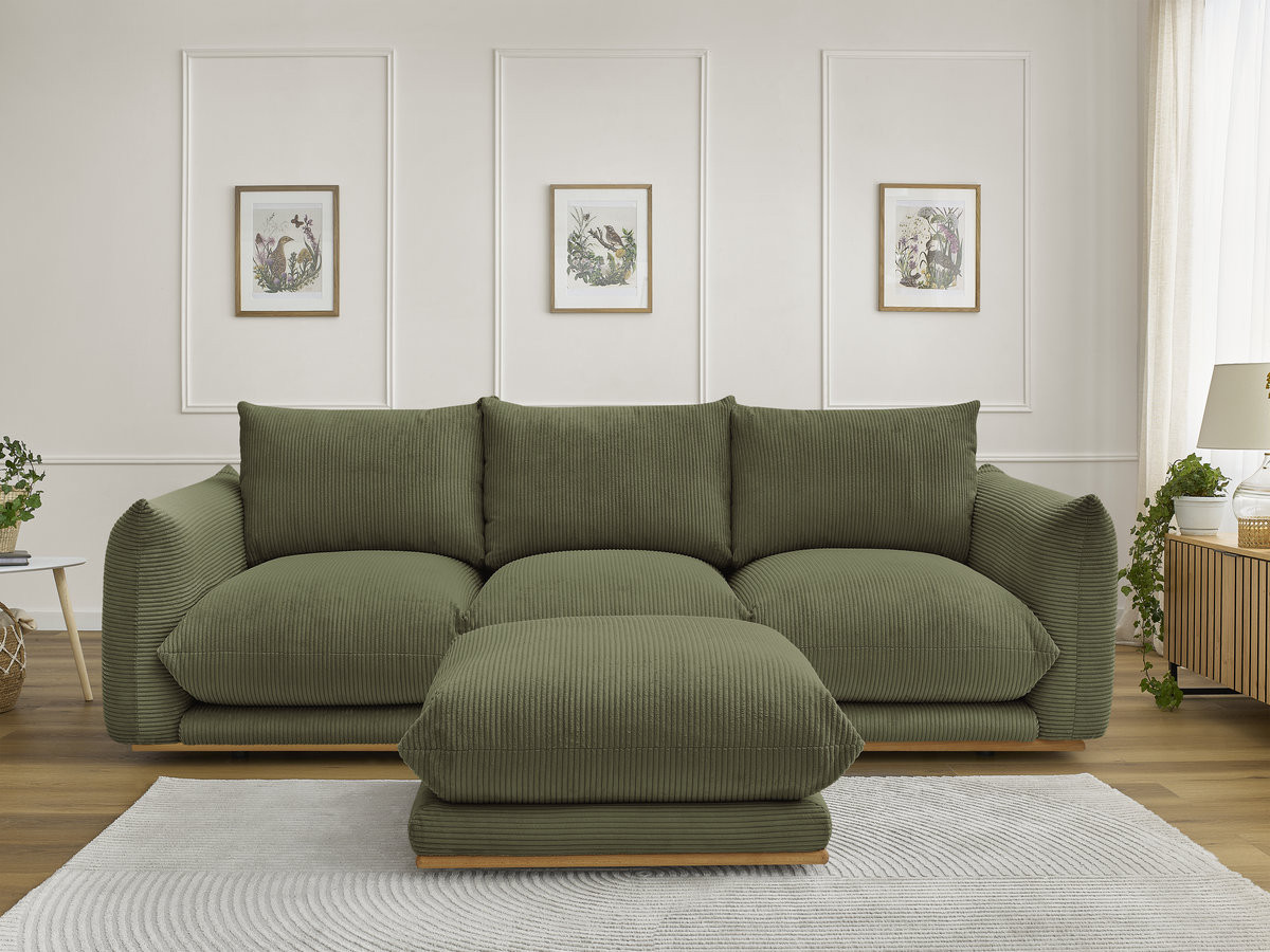 Canapé droit 3 places ERNEST velours côtelé avec pouf vert clair — vue 4
