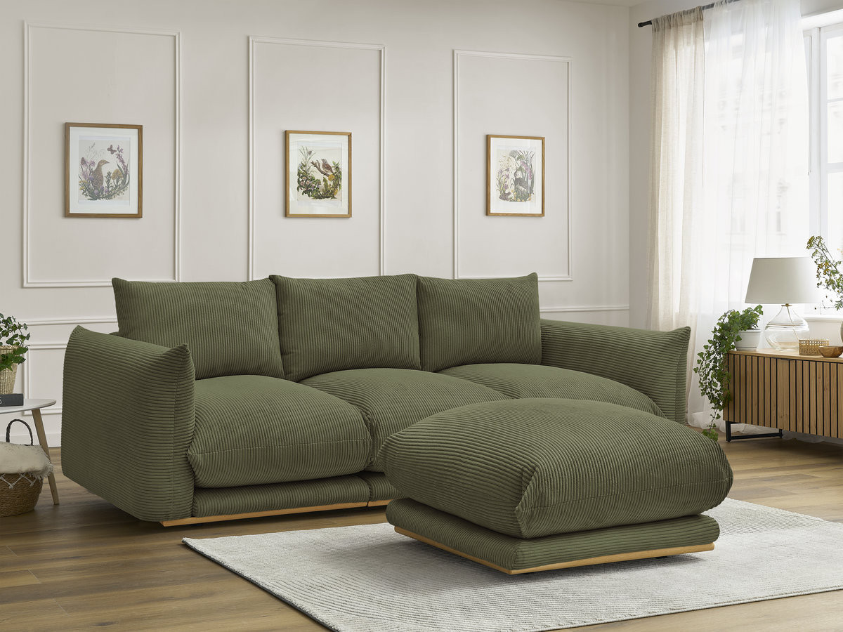 Canapé droit 3 places ERNEST velours côtelé avec pouf vert clair