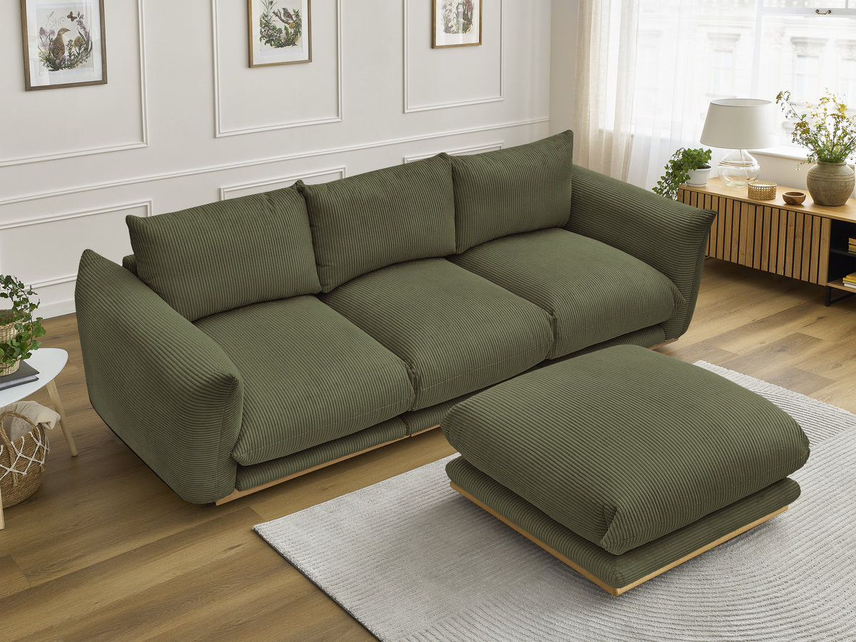 Canapé droit 3 places ERNEST velours côtelé avec pouf vert clair — vue 5