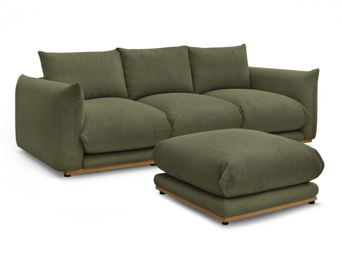 Canapé droit fixe 3 places ERNEST tissu velours côtelé avec pouf