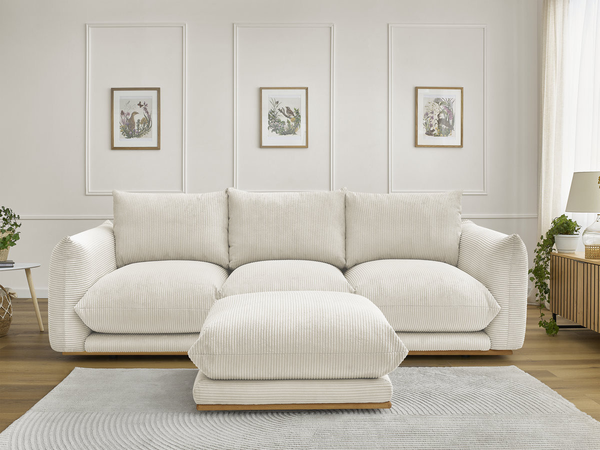 Canapé droit 3 places ERNEST velours côtelé avec pouf beige — vue 4