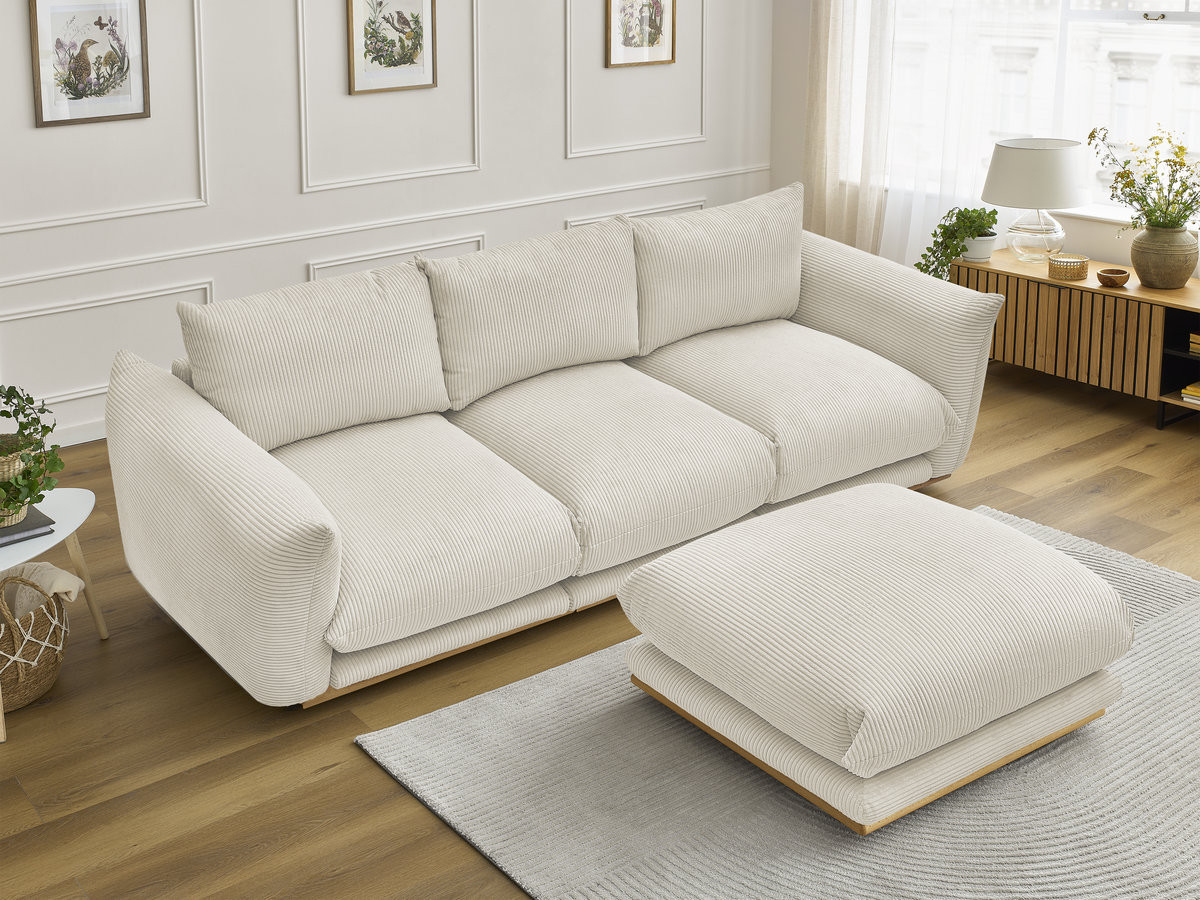 Canapé droit 3 places ERNEST velours côtelé avec pouf beige — vue 5