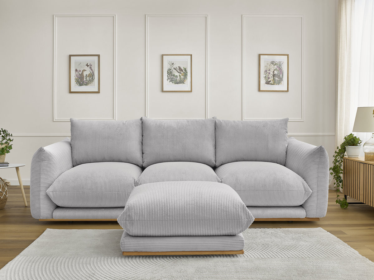 Canapé droit 3 places ERNEST velours côtelé avec pouf gris clair — vue 4
