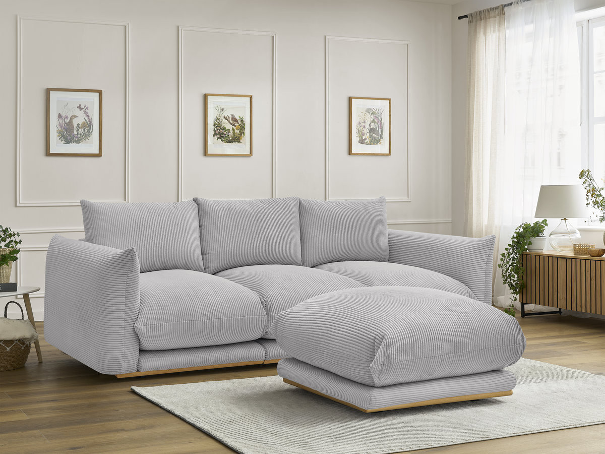 Canapé droit 3 places ERNEST velours côtelé avec pouf gris clair