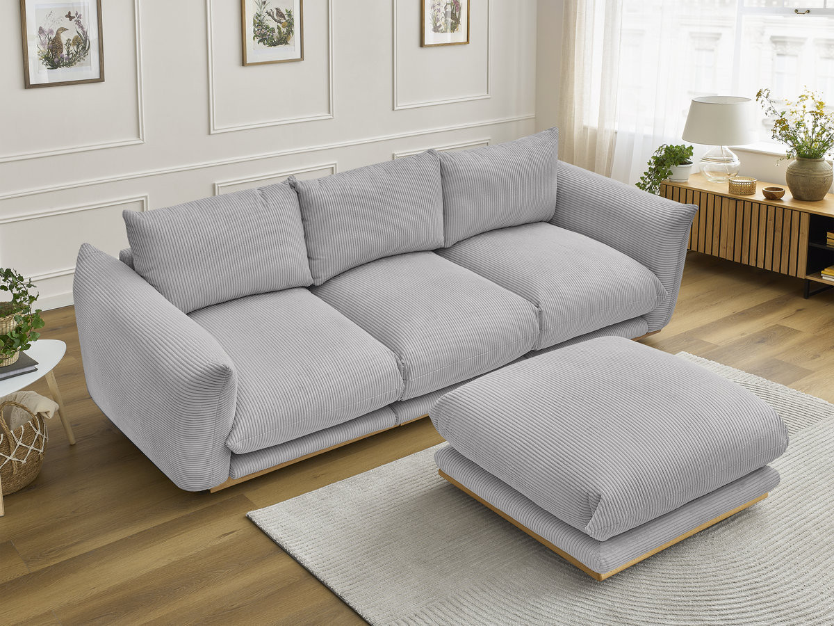 Canapé droit 3 places ERNEST velours côtelé avec pouf gris clair — vue 5