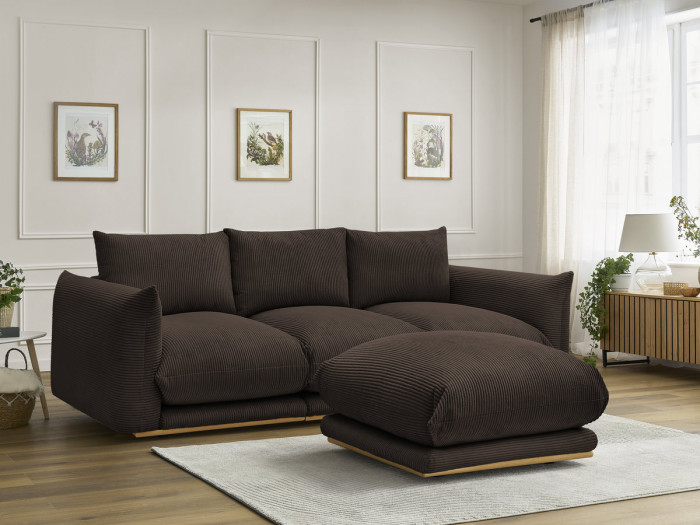 Canapé droit fixe 3 places ERNEST tissu velours côtelé avec pouf