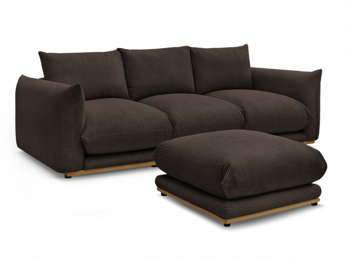 Canapé droit fixe 3 places ERNEST tissu velours côtelé avec pouf