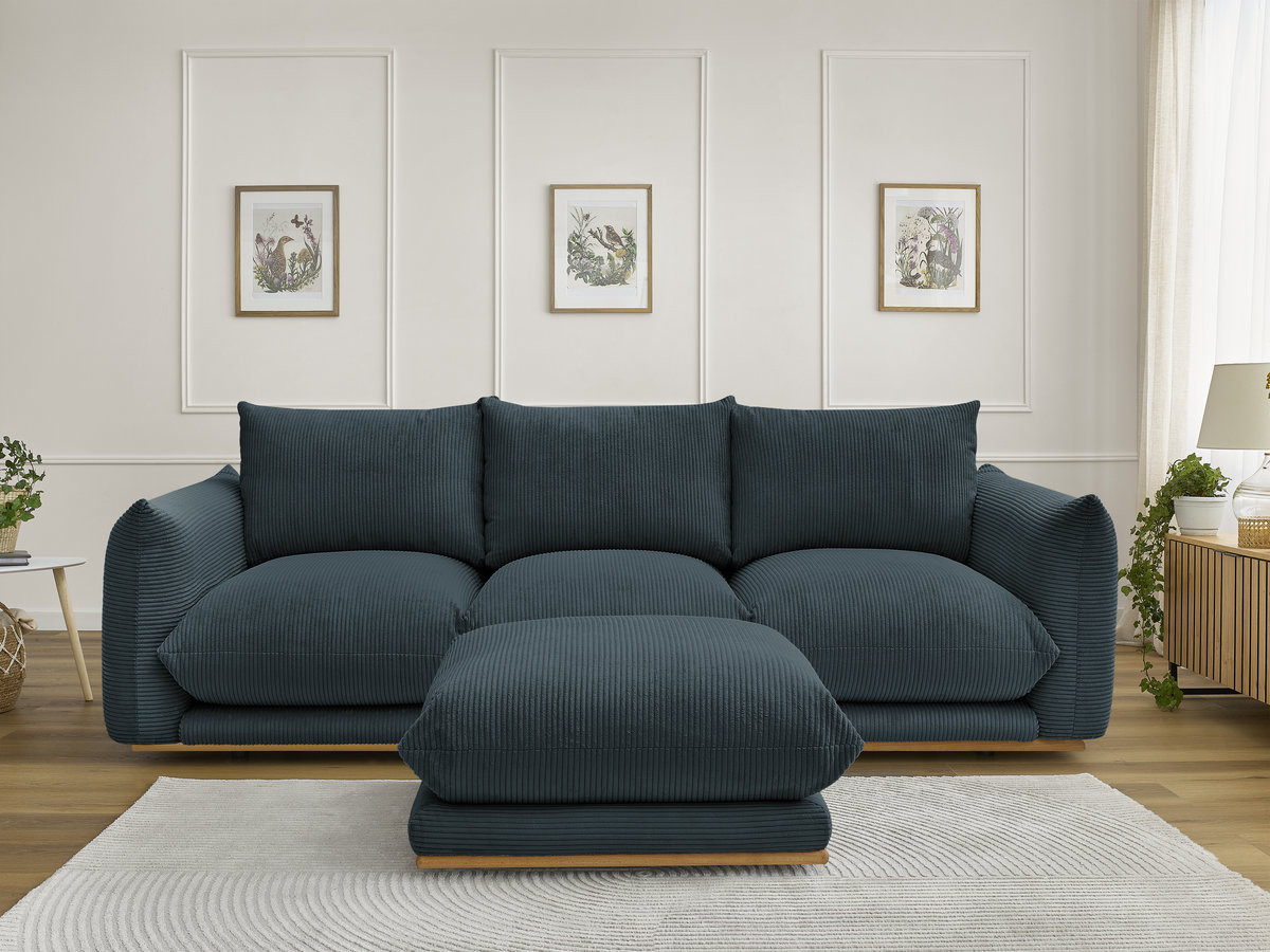 Canapé droit 3 places ERNEST velours côtelé avec pouf bleu foncé — vue 5