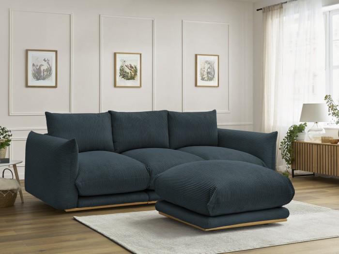 Canapé droit fixe 3 places ERNEST tissu velours côtelé avec pouf