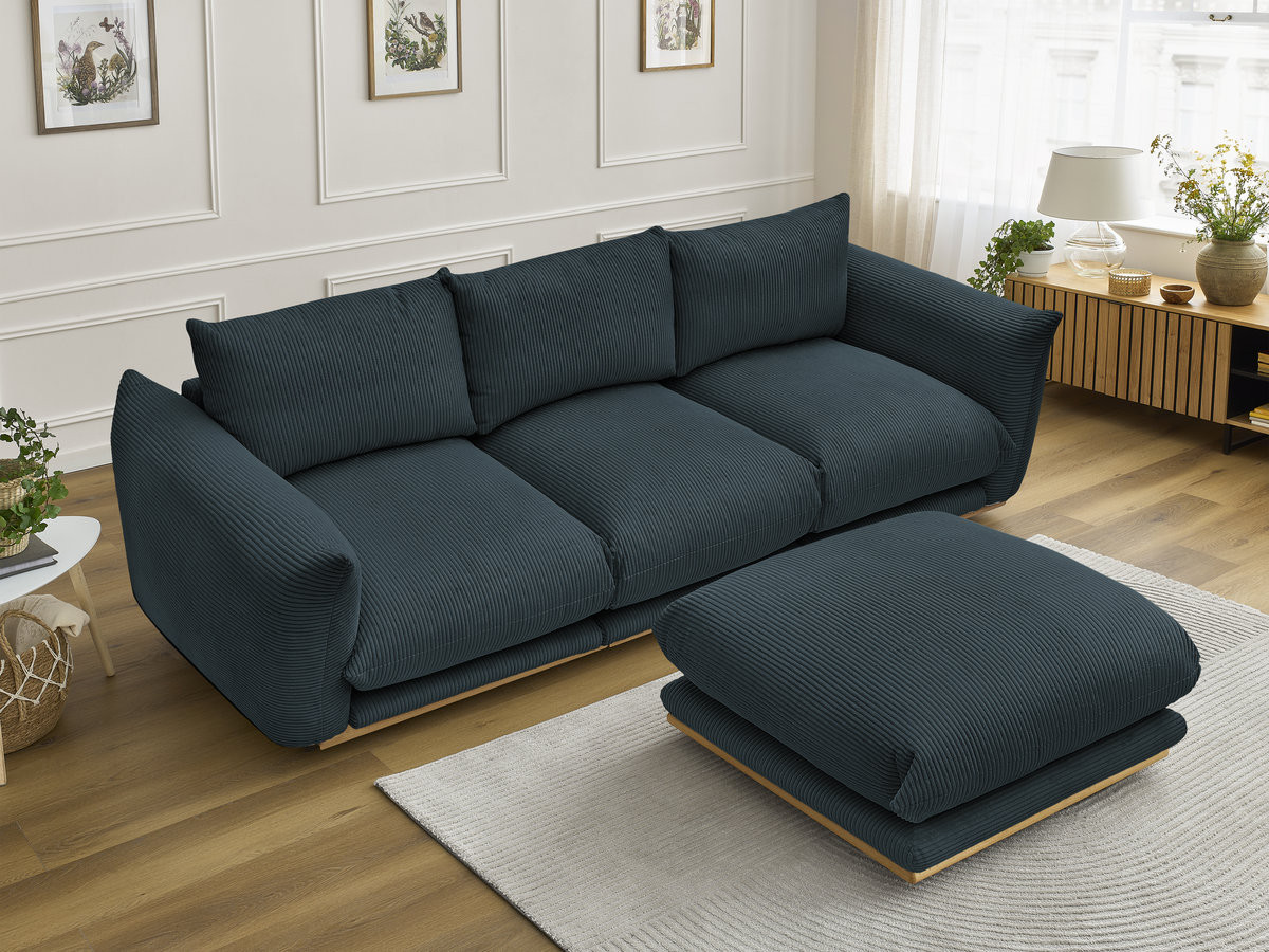 Canapé droit 3 places ERNEST velours côtelé avec pouf bleu foncé — vue 6