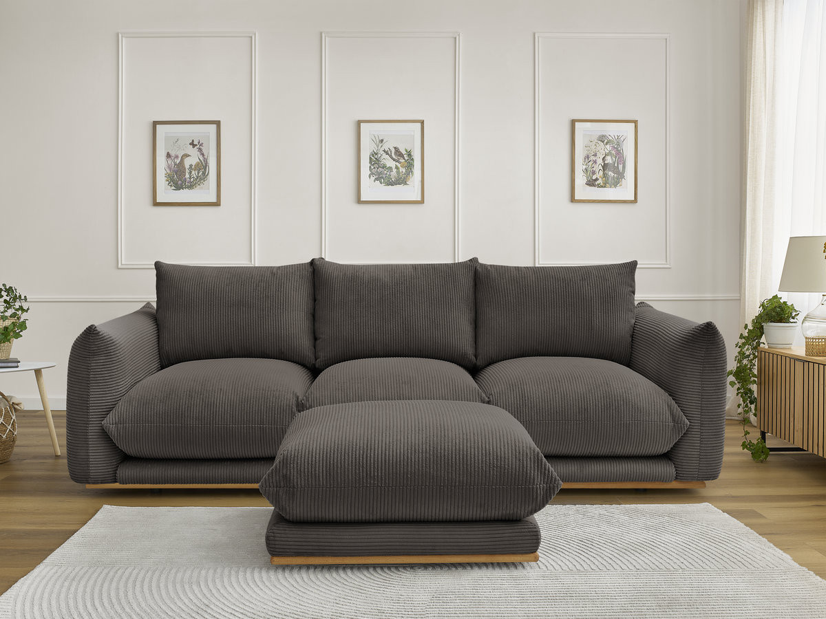 Canapé droit 3 places ERNEST velours côtelé avec pouf taupe — vue 5