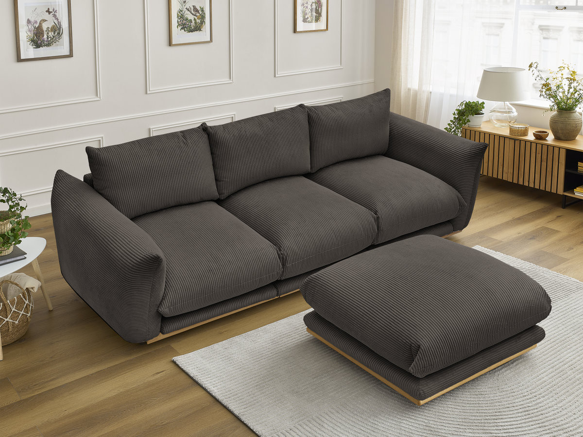 Canapé droit 3 places ERNEST velours côtelé avec pouf taupe — vue 6