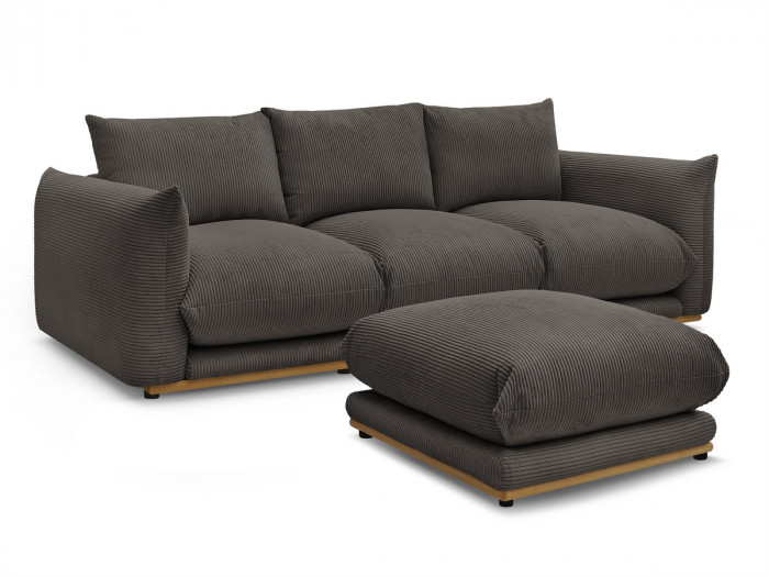 Canapé droit fixe 3 places ERNEST tissu velours côtelé avec pouf