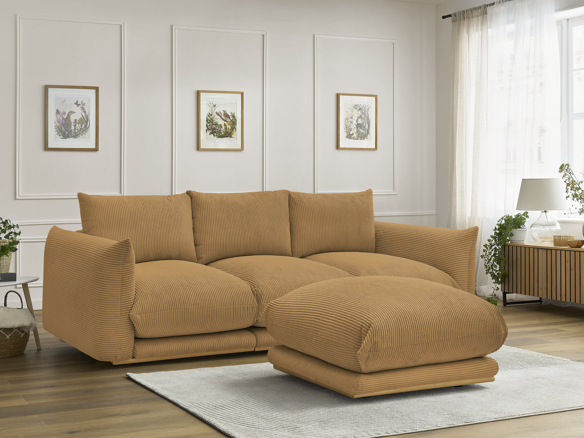 Canapé droit 3 places ERNEST velours côtelé avec pouf jaune