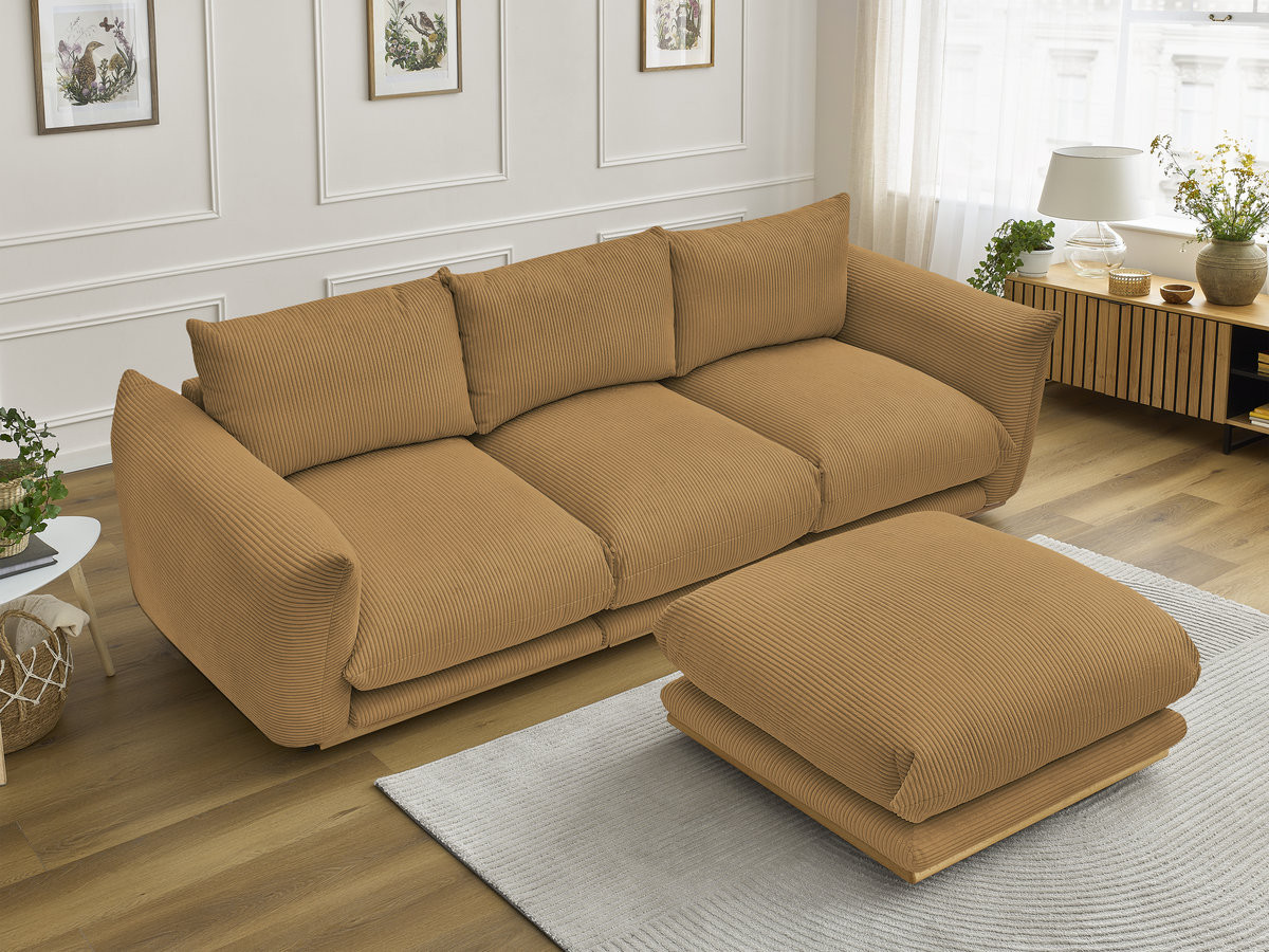 Canapé droit 3 places ERNEST velours côtelé avec pouf jaune — vue 5