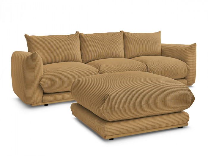 Canapé droit fixe 3 places ERNEST tissu velours côtelé avec pouf