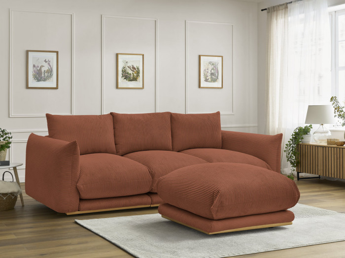 Canapé droit fixe 3 places ERNEST tissu velours côtelé avec pouf