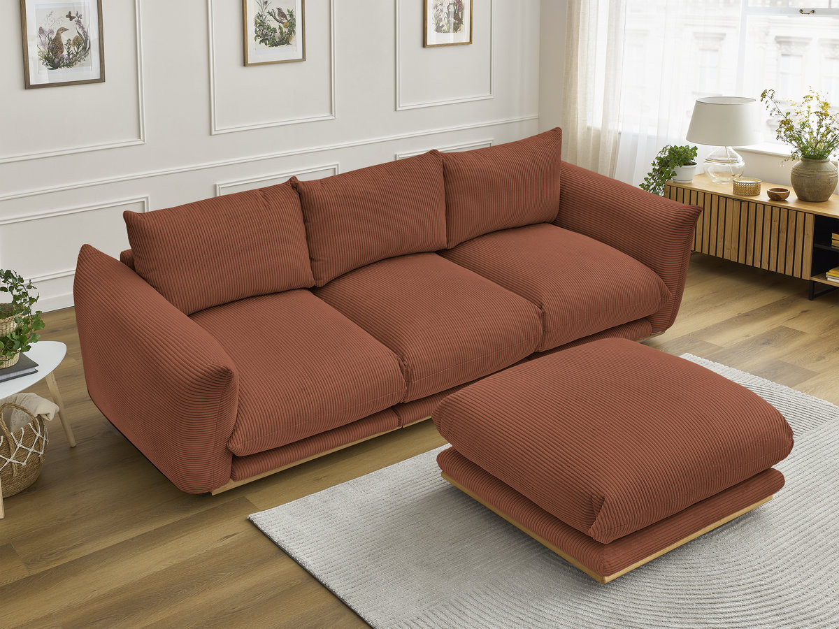 Canapé droit 3 places ERNEST velours côtelé avec pouf orange — vue 5