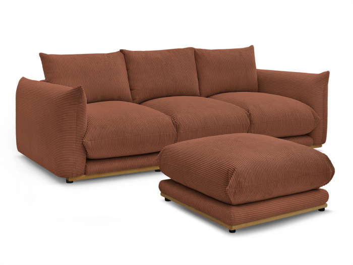 Canapé droit fixe 3 places ERNEST tissu velours côtelé avec pouf