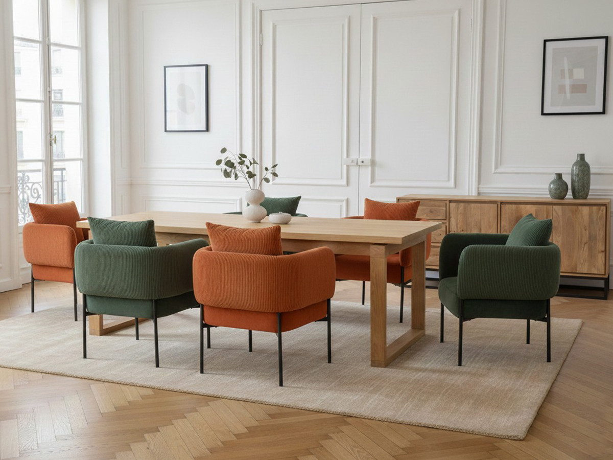 MARIN set met 220 cm eikenhouten eettafel + 6 GABIN corduroy fauteuils