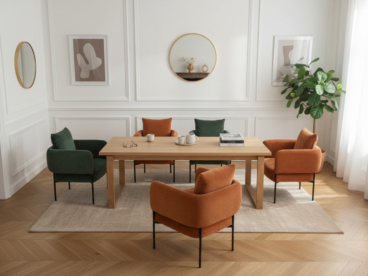 MARIN set met 220 cm eikenhouten eettafel + 6 GABIN corduroy fauteuils