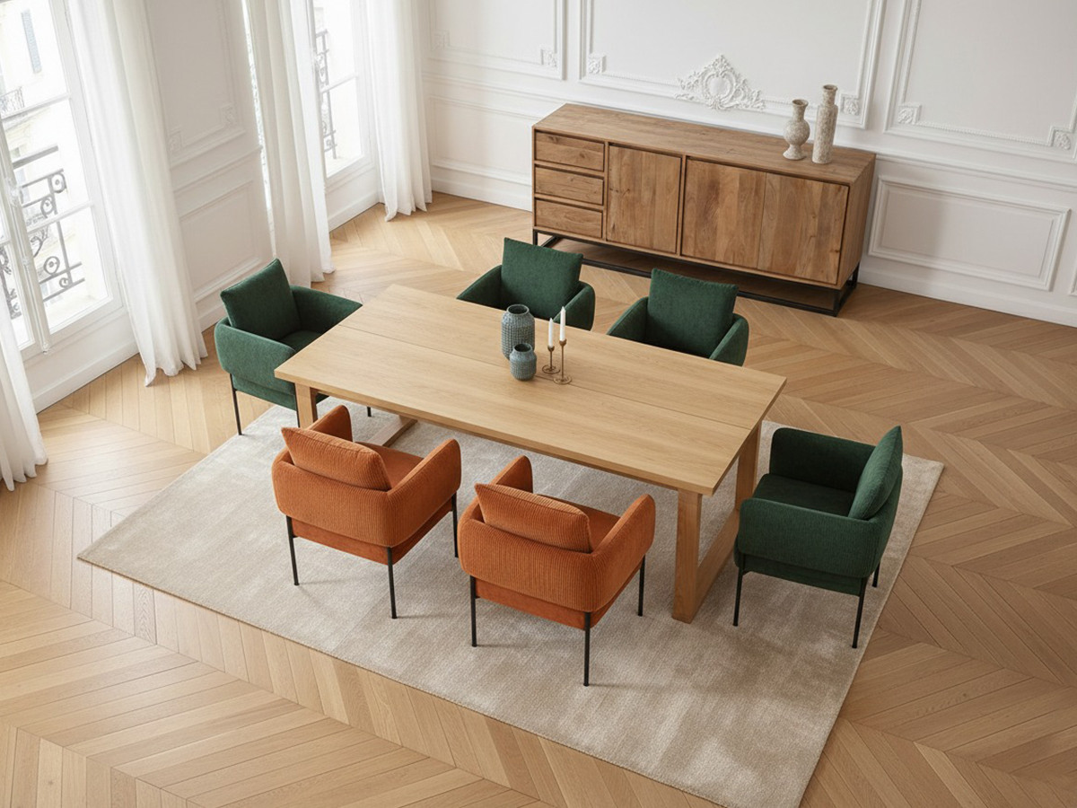 MARIN set met 220 cm eikenhouten eettafel + 6 GABIN corduroy fauteuils