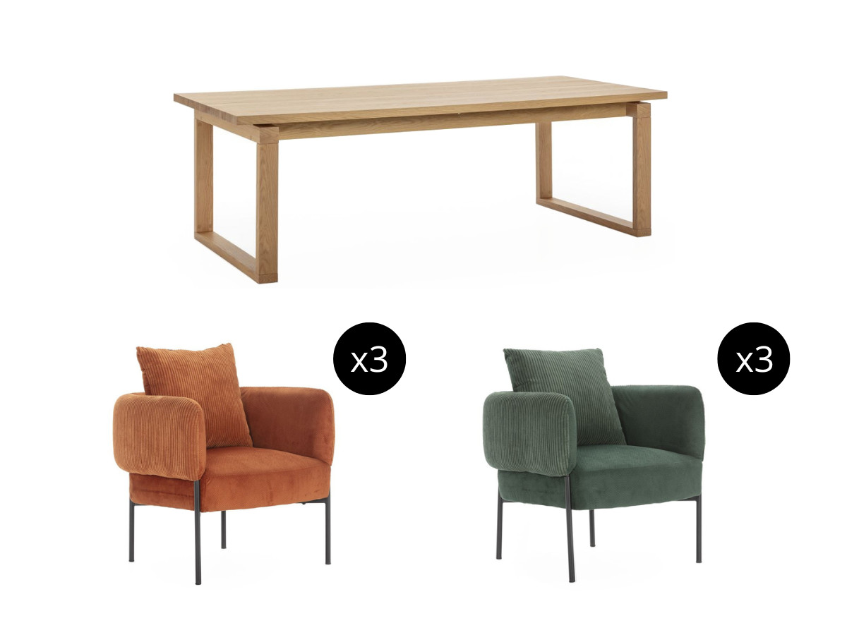 MARIN set met 220 cm eikenhouten eettafel + 6 GABIN corduroy fauteuils