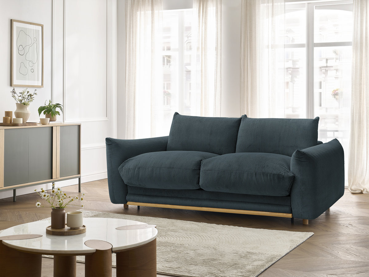 Canapé droit convertible 3 places ERNEST velours côtelé bleu foncé