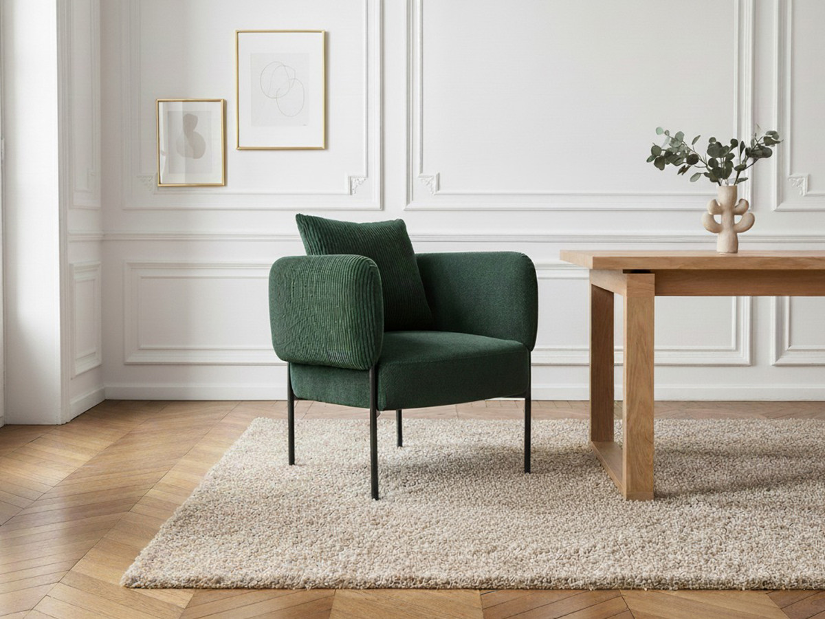 MARIN set met 220 cm eikenhouten eettafel + 6 GABIN corduroy fauteuils
