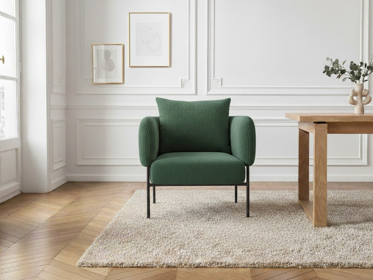 MARIN set met 220 cm eikenhouten eettafel + 6 GABIN corduroy fauteuils