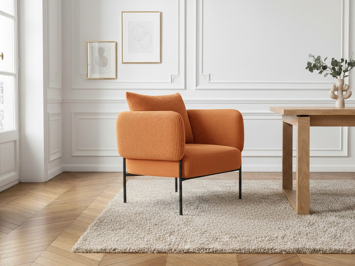 MARIN set met 220 cm eikenhouten eettafel + 6 GABIN corduroy fauteuils