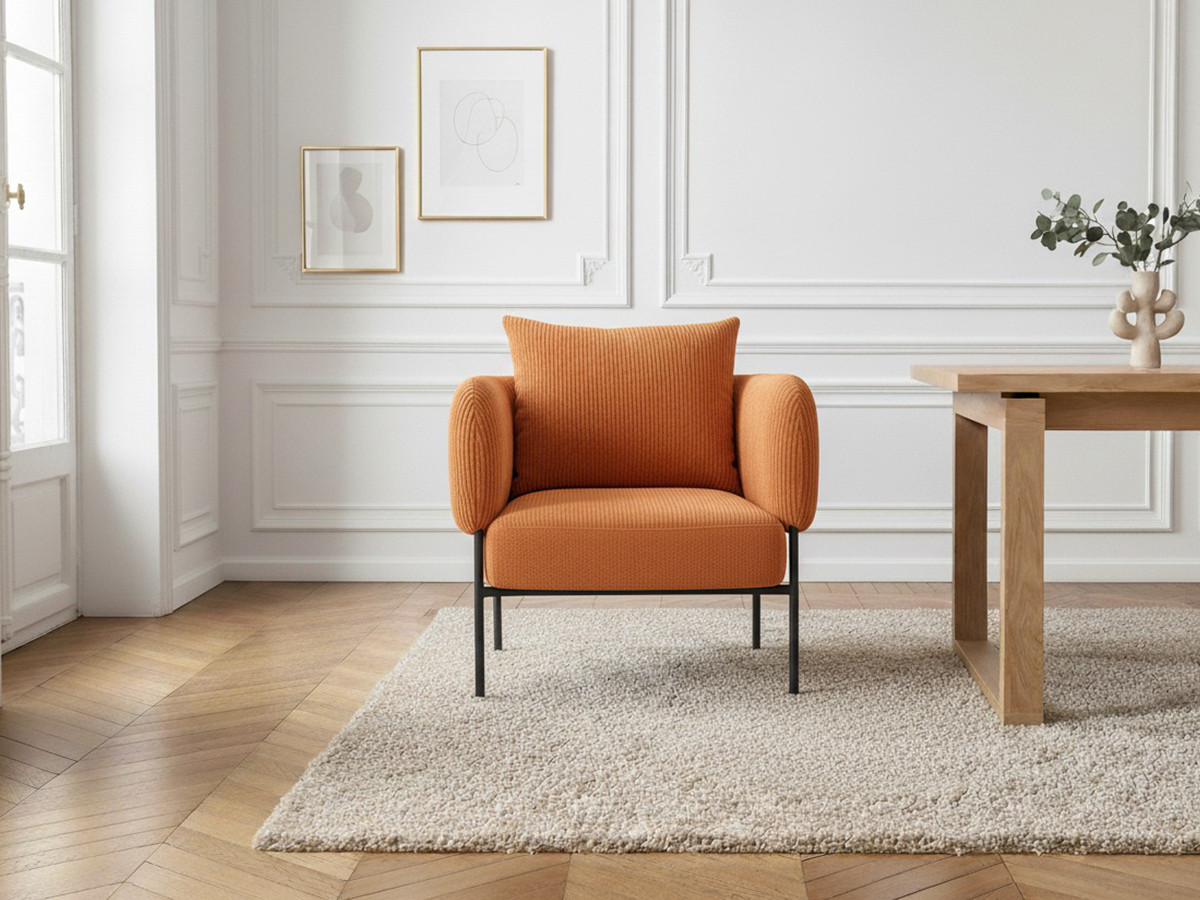 MARIN set met 220 cm eikenhouten eettafel + 6 GABIN corduroy fauteuils