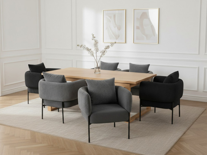 Ensemble MARIN avec table à manger 220 cm couleur chêne + 6 fauteuils GABIN velours côtelé