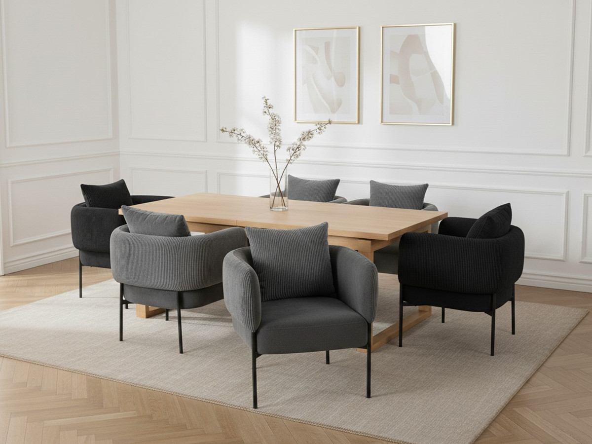 MARIN set met 220 cm eikenhouten eettafel + 6 GABIN corduroy fauteuils