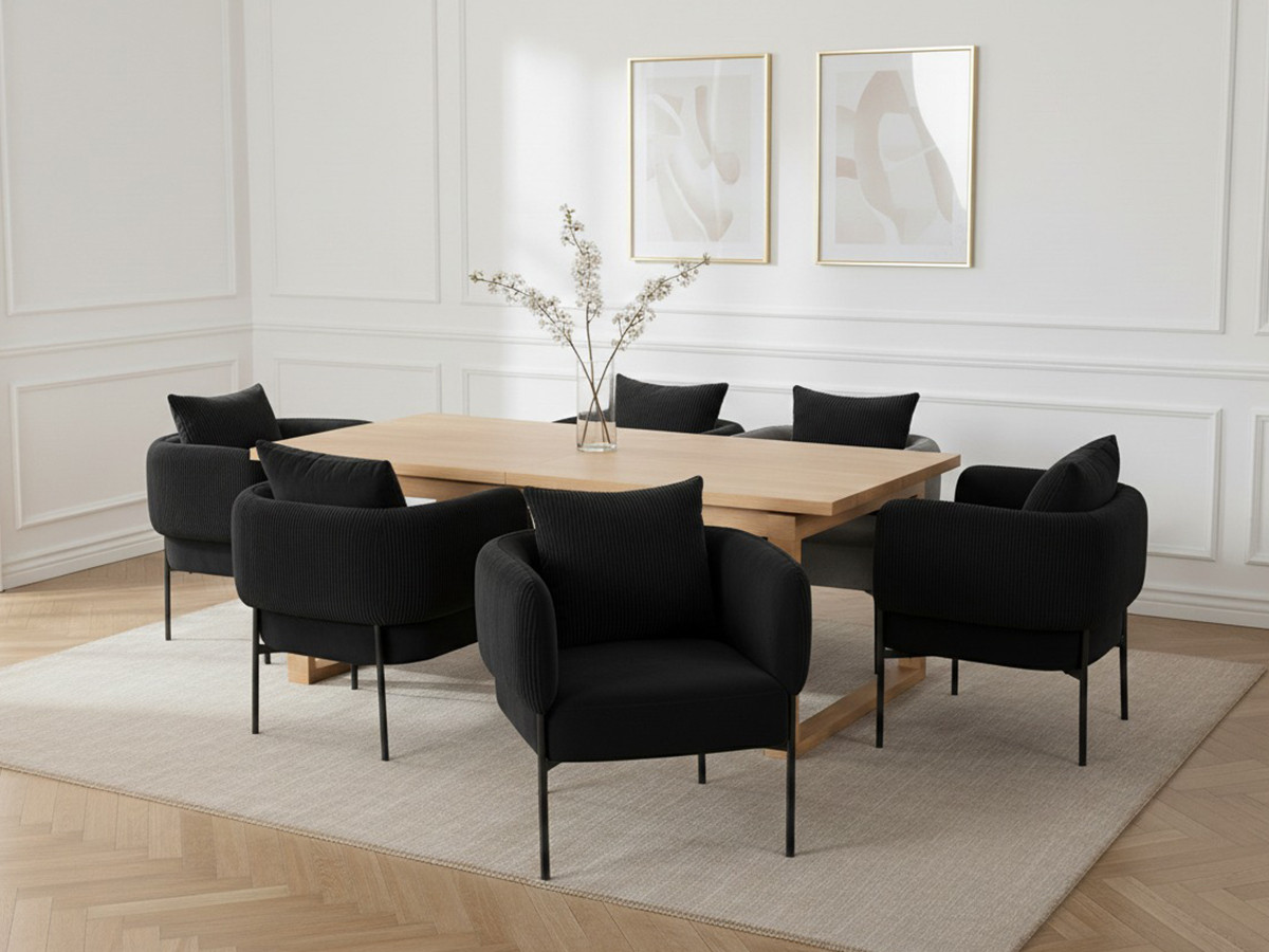 marin set met 220 cm eikenhouten eettafel + 6 gabin corduroy fauteuils gekleurd zwart