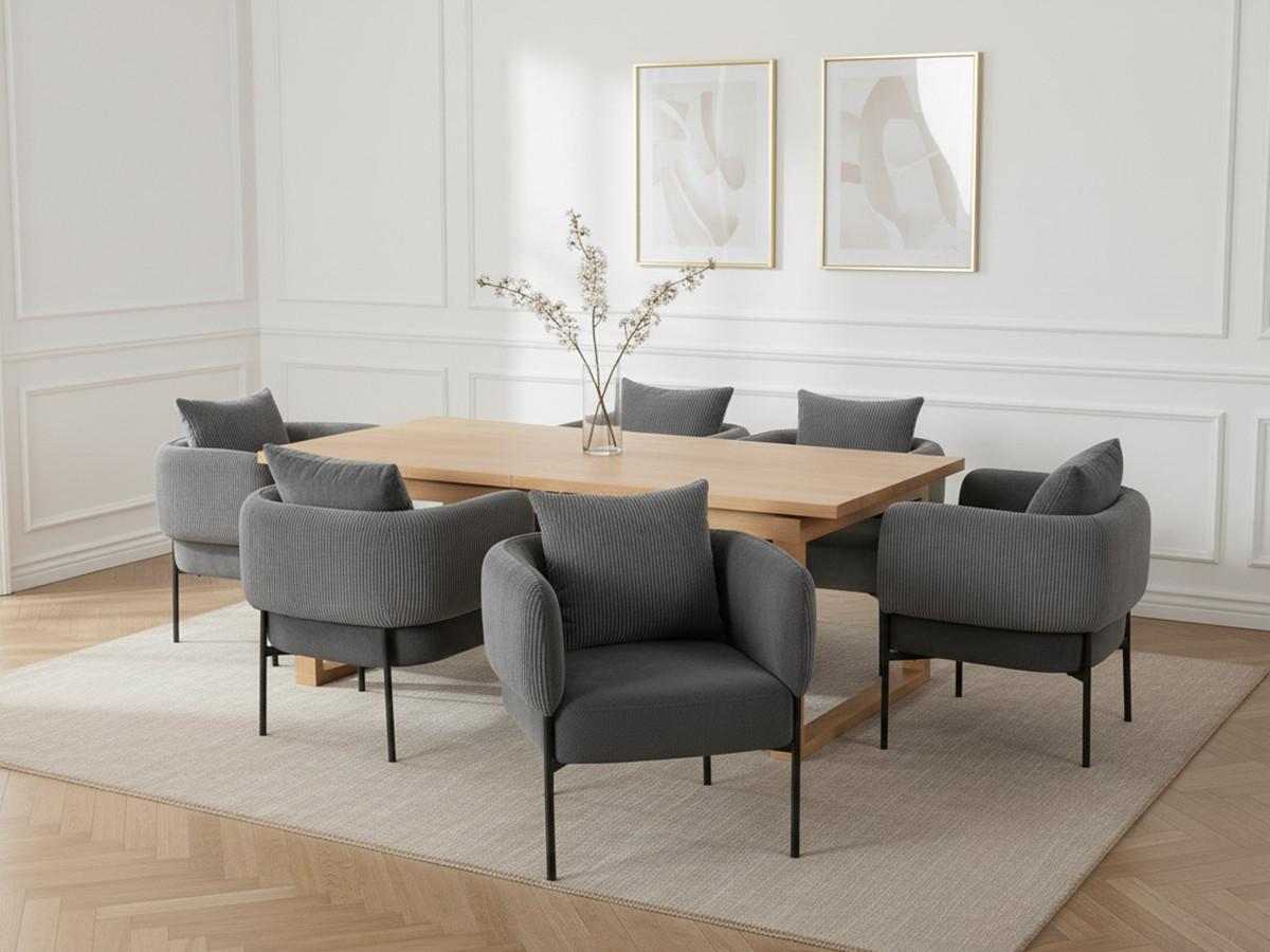 MARIN set met 220 cm eikenhouten eettafel + 6 GABIN corduroy fauteuils