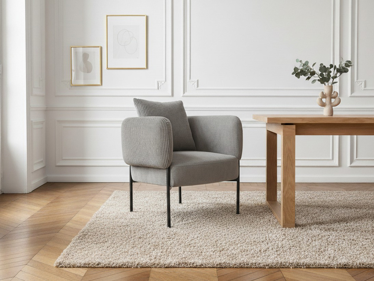 MARIN set met 220 cm eikenhouten eettafel + 6 GABIN corduroy fauteuils