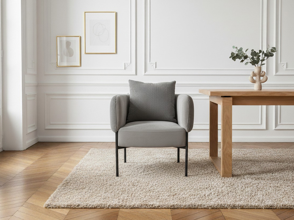 MARIN set met 220 cm eikenhouten eettafel + 6 GABIN corduroy fauteuils