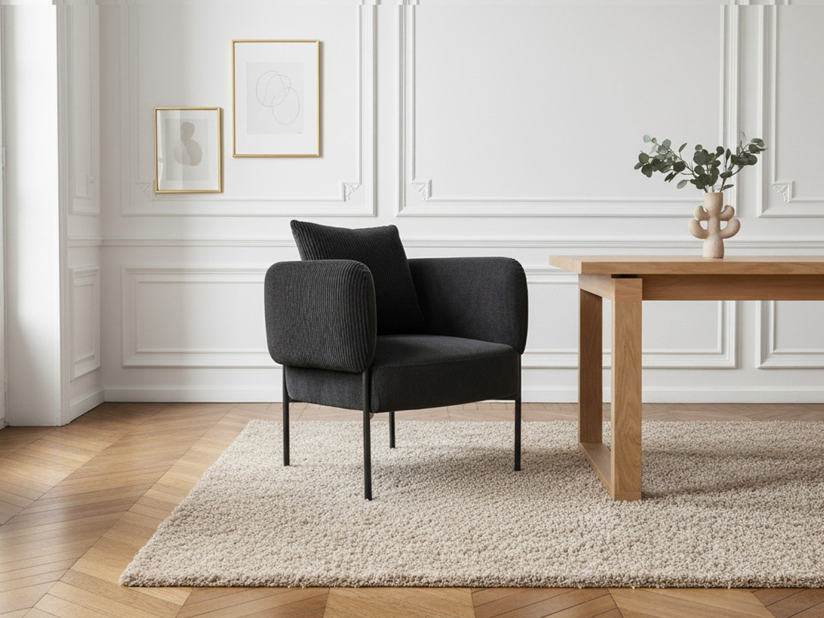 MARIN set met 220 cm eikenhouten eettafel + 6 GABIN corduroy fauteuils