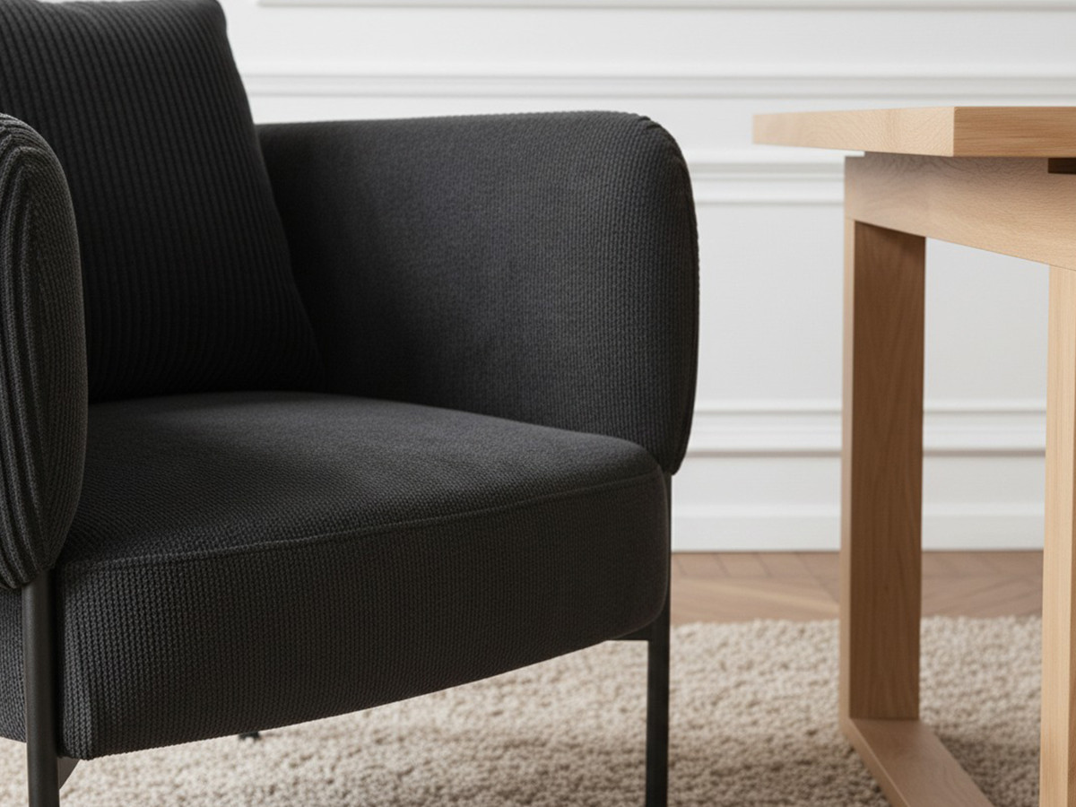 MARIN set met 220 cm eikenhouten eettafel + 6 GABIN corduroy fauteuils